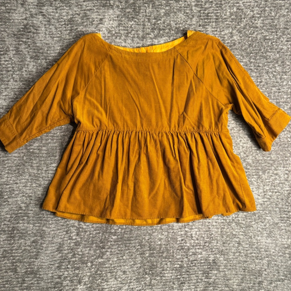 Anthropologie Maeve Mustard Peplum Textured Babydoll 3/4 Sleeve Blouse XS